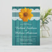 Turquoise houten kant Zonnebloem bruiloft uitnodig Kaart (Staand voorkant)