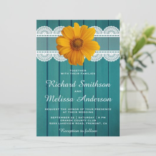 Turquoise houten kant Zonnebloem bruiloft uitnodig Kaart (Staand voorkant)