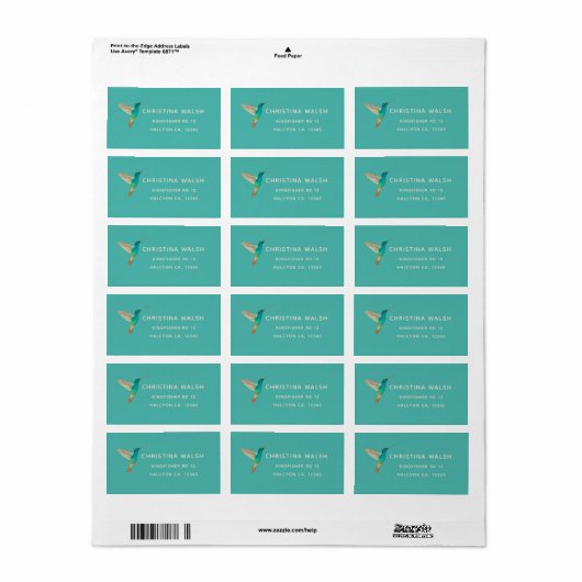 Turquoise Hummingbird Return Address Label (Full Sheet)