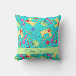 Turquoise Ik hou van naaien decoratief kussen