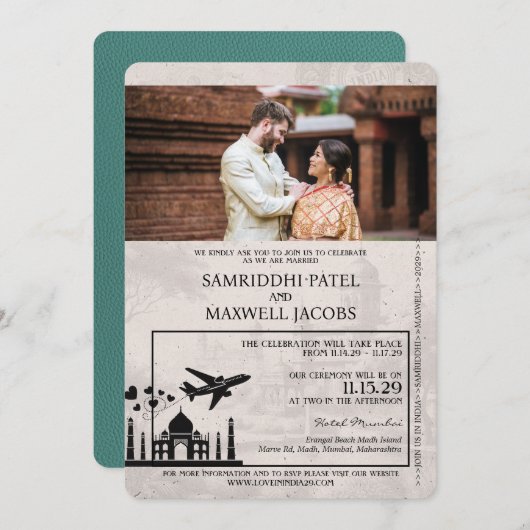 Turquoise India Passport bruiloft uitnodiging (Voorkant / Achterkant)