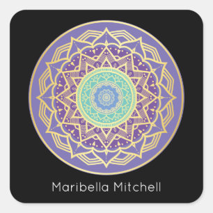 Turquoise Indigo en Paars Gold Mandala Square S Vierkante Sticker