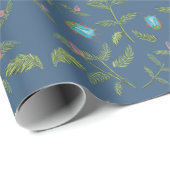 Turquoise insecten op blauw met roze bloem cadeaupapier (Rol Hoek)