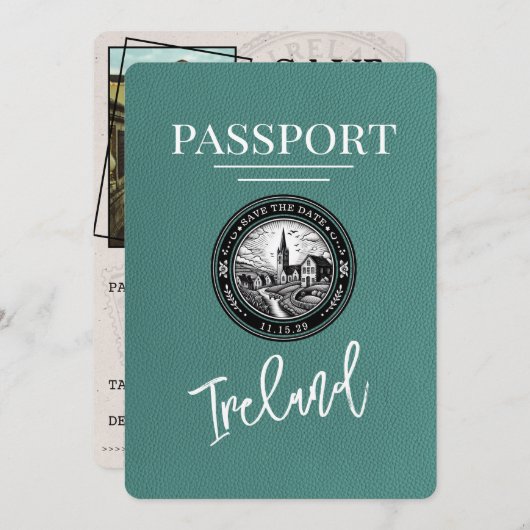 Turquoise Ireland Passport Save the Date (Voorkant / Achterkant)