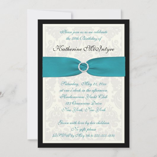 Turquoise, Ivory, Black Damask 50th Birthday Kaart (Voorkant)