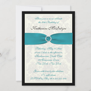 Turquoise, Ivory, Black Damask 50th Birthday Kaart