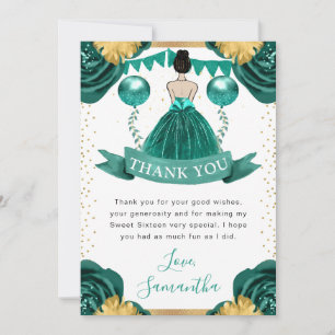 Turquoise jurk bruinharige prinses Sweet 16 Bedankkaart