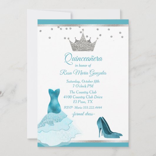 Turquoise jurk en hak met zilveren kroon Quinceane Kaart (Voorkant)