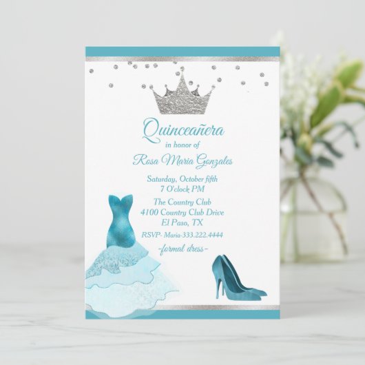 Turquoise jurk en hak met zilveren kroon Quinceane Kaart (Staand voorkant)