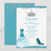 Turquoise jurk en hak met zilveren kroon Quinceane Kaart (Voorkant / Achterkant)