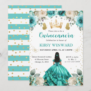 Turquoise Jurk Zwart Haar Prinses Quinceanera Kaart