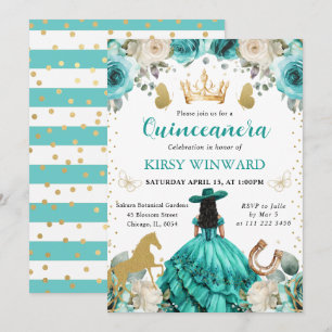 Turquoise Jurk Zwart Haar Prinses Quinceanera Kaart