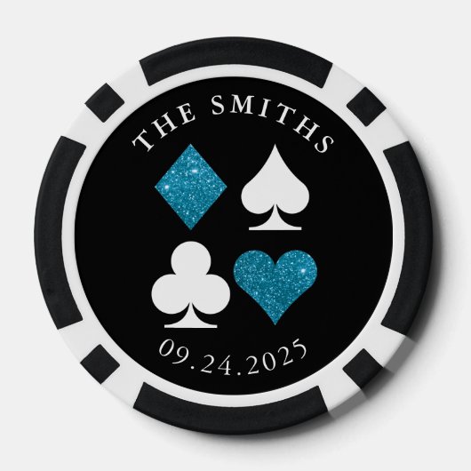 Turquoise Kaart Suits Bruiloft Datum en Naam Favor Poker Chips (Achterkant)
