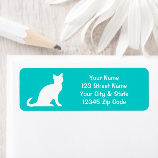 Turquoise kattenlabels met aangepast retouradres etiket (Insitu)