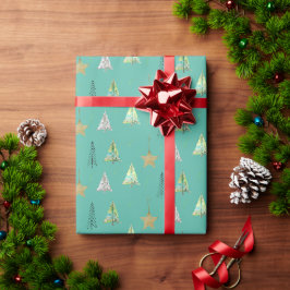 Turquoise Kerst Pijnboom Aquarel Patroon Cadeaupapier