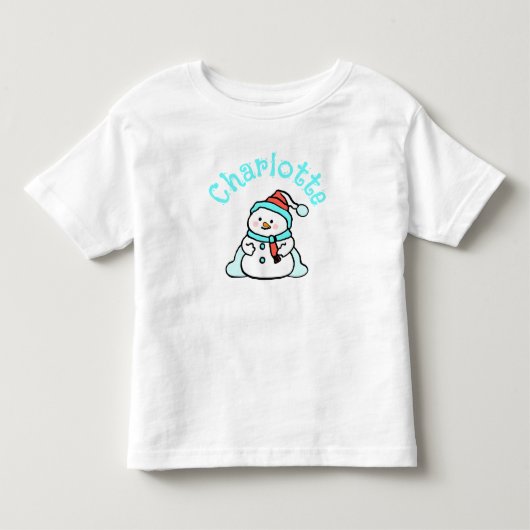 Turquoise kerstsneeuwpop met naam wit kinder shirts (Voorkant)