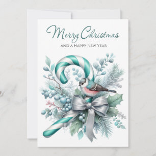 Turquoise Kerststok & Betoverde Vorst Vogel Charme Feestdagenkaart