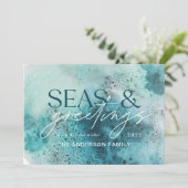 Turquoise-kerstzeeen en groeten-modern kerkgenoots feestdagenkaart (Staand voorkant)