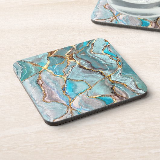 Turquoise Kintsugi Geode, Blue Gold Ocean Bier Onderzetter (Linkerzijde)