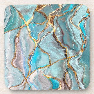Turquoise Kintsugi Geode, Blue Gold Ocean Bier Onderzetter