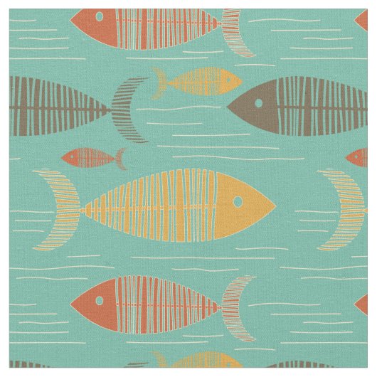Turquoise  Kitsch Fish Fabric Stof (Close Up)