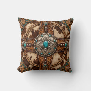 Turquoise Koeienhuid Western Leren Worpkussen Kussen