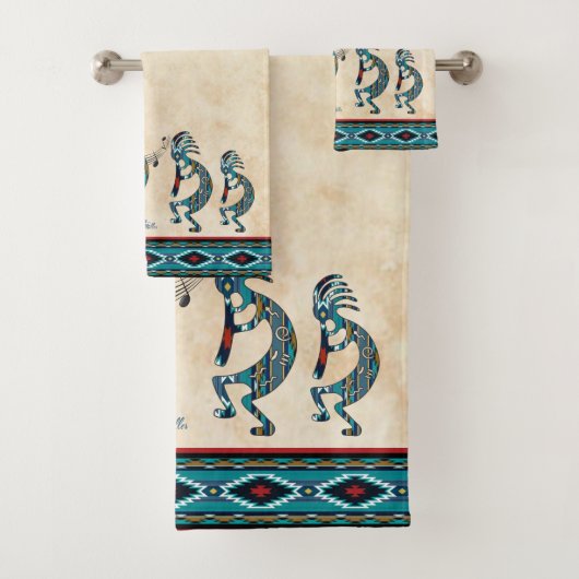 Turquoise Kokopelli Bath Towel Set Bad Handdoek (Insitu)