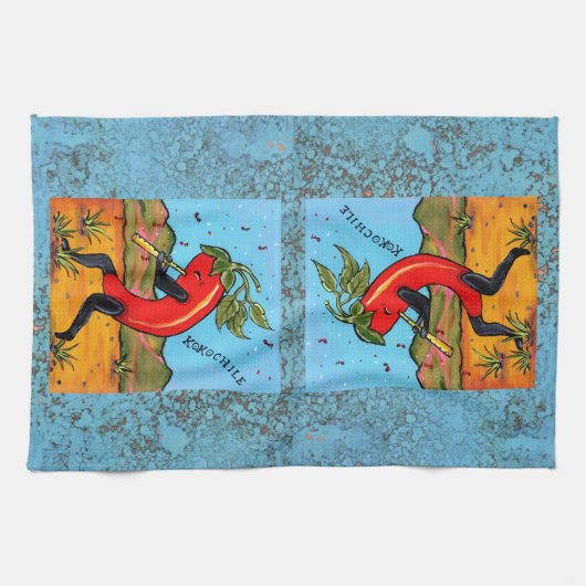 Turquoise Kokopelli Chili Pepper Fun Towel Theedoek (Horizontaal)