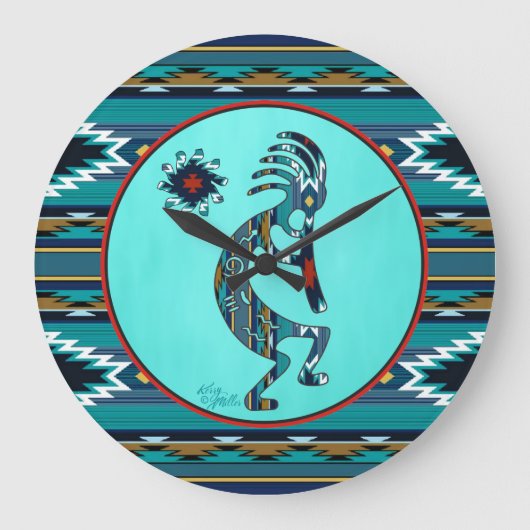 Turquoise Kokopelli Large Clock Grote Klok (Voorkant)