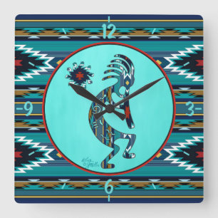 Turquoise Kokopelli Large Wall Clock Vierkante Klok