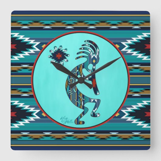 Turquoise Kokopelli Large Wall Clock Vierkante Klok (Voorkant)