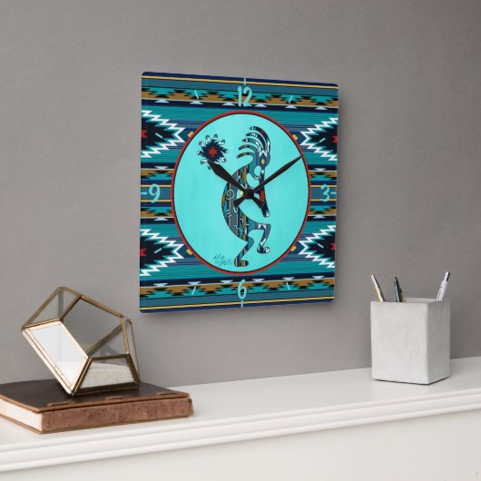 Turquoise Kokopelli Large Wall Clock Vierkante Klok (Kantoor)