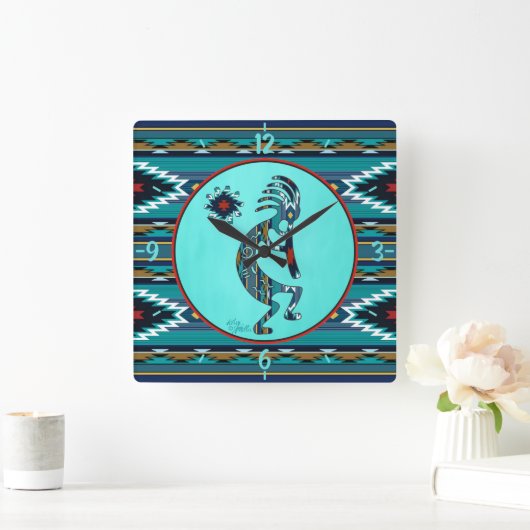 Turquoise Kokopelli Large Wall Clock Vierkante Klok (Huis)