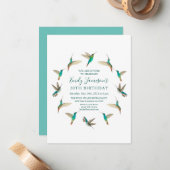 Turquoise kolibries Verjaardagsuitnodiging Notitiekaartje (Voorkant / Achterkant in situ)