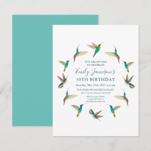 Turquoise kolibries Verjaardagsuitnodiging Notitiekaartje (Voorkant / Achterkant)