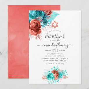 Turquoise & Koraal Aquarel Bloem Bat Mitzvah Kaart
