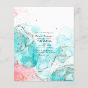 Turquoise, Koraal en Gouden Alcohol Inkt Bruiloft Flyer