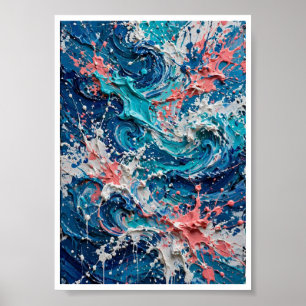 Turquoise Koraal Oceaan Golf Abstracte Kunstprint Poster