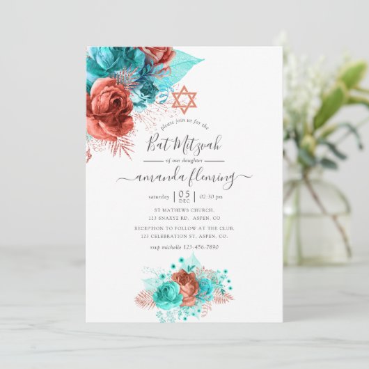 Turquoise & Koraal Waterverf Bloemenvleermuis Mitz Kaart (Staand voorkant)