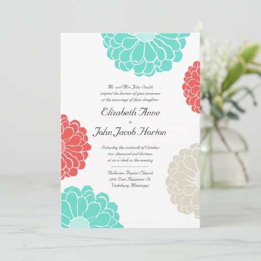 Turquoise & Koraal Zinnia Bloem Uitnodiging voor h (Staand voorkant)