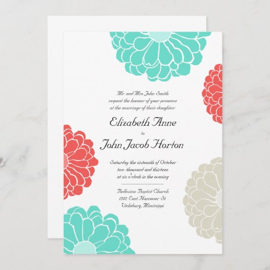 Turquoise & Koraal Zinnia Bloem Uitnodiging voor h (Voorkant / Achterkant)