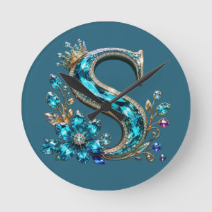 Turquoise Kristallen Letter S & Kroon Ronde Klok