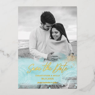 Turquoise Kust Aquarel Save The Date  Folie Uitnodiging