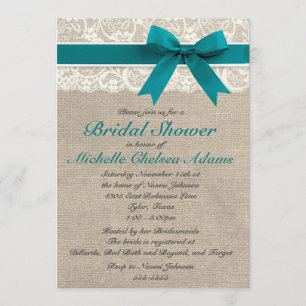 Turquoise Lace Burlap Bridal Shower Invitation Kaart