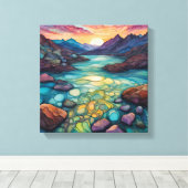 Turquoise landschap met Alcohol Ink Detail Canvas Afdruk (Insitu (Houten vloer))