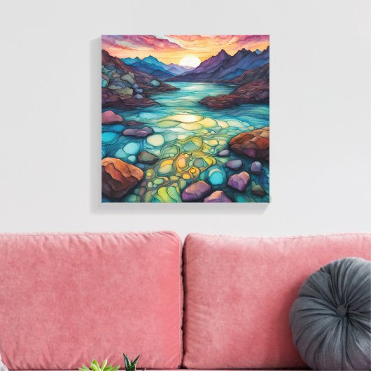 Turquoise landschap met Alcohol Ink Detail Canvas Afdruk (Insitu (Woonkamer))