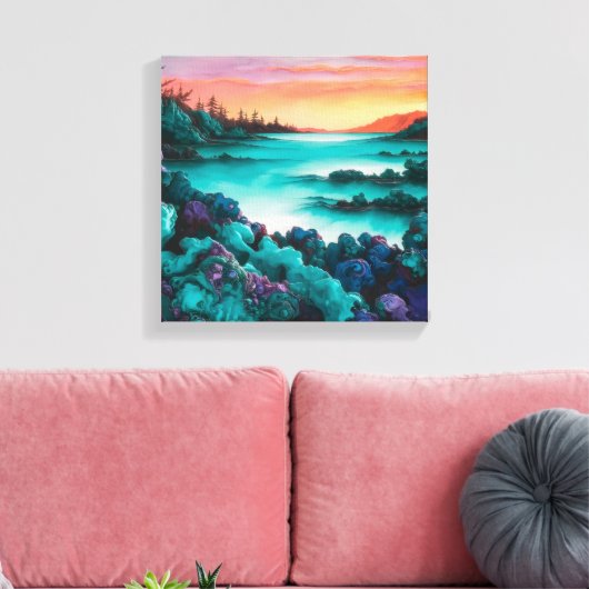 Turquoise landschap met Alcohol Ink Detail Canvas Afdruk (Insitu (Woonkamer))
