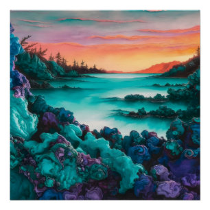 Turquoise landschap met Alcohol Ink Detail Perfect Poster