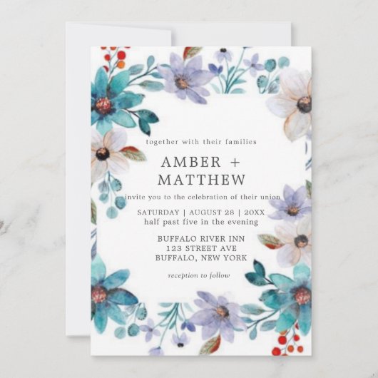 Turquoise Lavender Painted Florals Wedding Invite (Voorkant)