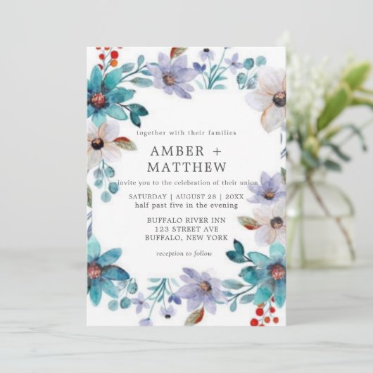 Turquoise Lavender Painted Florals Wedding Invite (Staand voorkant)